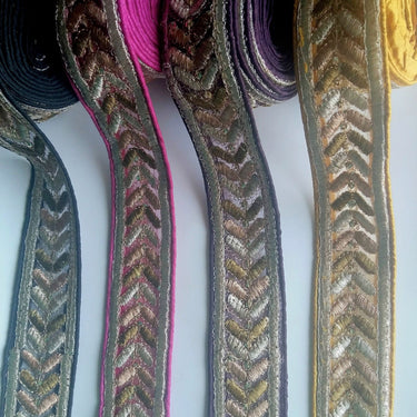 Yellow / Purple / Fuchsia Pink / Black Silk Fabric Trim With Gold Embroidery - 200317L274/75/76/77